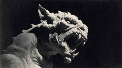 Fototapeta premium Close-up of a ferocious, sculpted beast head. Dark, dramatic lighting emphasizes texture and detail