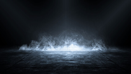 Interior view of a dramatic dark room with smoke and a light ray for the stage background. Mockup, copy space, and template