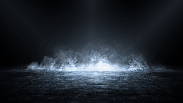 Interior view of a dramatic dark room with smoke and a light ray for the stage background. Mockup, copy space, and template