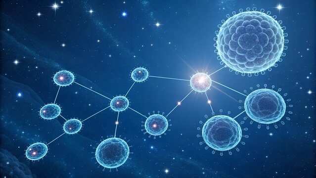 A celestial constellation of glowing stem cells against deep blue, symbolizing medical innovation.
