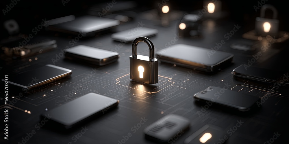 Wall mural digital security concept with padlock symbol and connected devices on a dark background representing