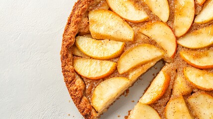 Deliciously baked apple tart with a slice removed