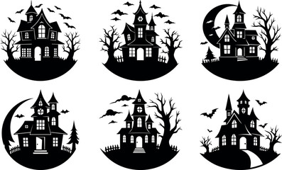Spooky Haunted House Silhouettes for Halloween Decorations and Creepy Designs