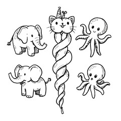 Obraz premium Cute cartoon animals including elephants, cat and octopus in doodle style 