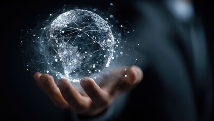 A hand holds a digital representation of the Earth, a network of connections