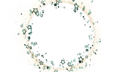 Perfect for festive designs, cards, and backgrounds.  Circular frame with teal stars and glitter.