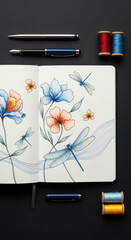 Artistic floral watercolor sketch in an open sketchbook with pens and thread spools isolated on transparent background
