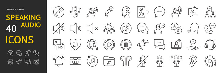 Speaking & audio icon set. Audio file, earphones, voice, microphone, listening, speaker, headphones, music, speech bubble, talk, speaking, loudspeaker, online chat, message, etc. Vector illustration.