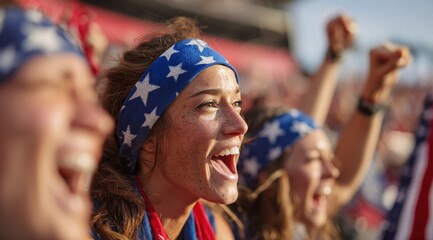 Close-uClose-up of female fans cheering at football stadium, wearing blue and red jerseys, waving the American flag, showing passion, energy, and sportsmp of female fans cheering at football stadium, 