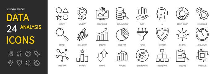 Data analysis icon set. Analytics, variety, validity, donut chart, processing, search, filter, mind map, ranking, traffic, optimization, evaluate, hardware, etc. Vector illustration. Editable stroke.