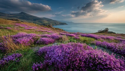 Obraz premium Colorful wildflowers bloom on a coastal hillside under a dramatic sky