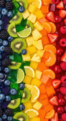 Vibrant rainbow of freshly cut mixed fruits arranged in color order isolated on transparent background