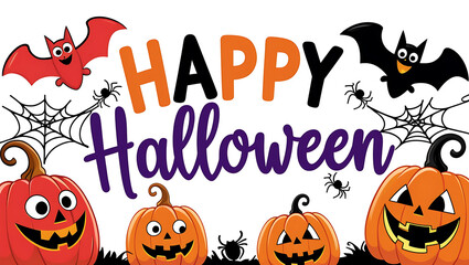 Cartoon Halloween pumpkins bats spiders and webs october