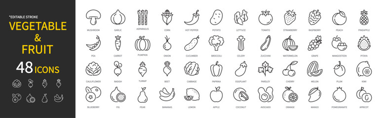 Vegetable & fruit & berry icon set. Cucumber, tomato, lettuce, carrot, avocado, paprika, strawberry, apple, orange, banana, watermelon, peach, vegan, etc. Editable stroke, vector illustration.
