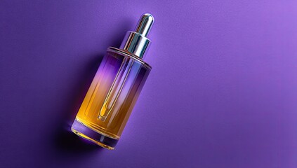 A glass dropper bottle on a purple background