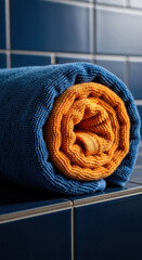 Close up of a rolled up blue towel with an orange towel inside resting on a dark tiled surface isolated on transparent background