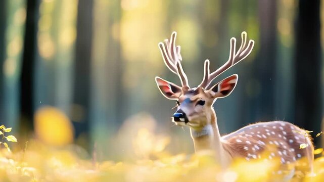 Majestic deer with antler in forest bathed in autumn golden light creating peaceful natural wildlife environment full of calm and warm animal vibes