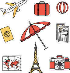 Travel Essentials Airplane, Suitcase, Passport, Eiffel Tower and Camera icons for your next Adventure.