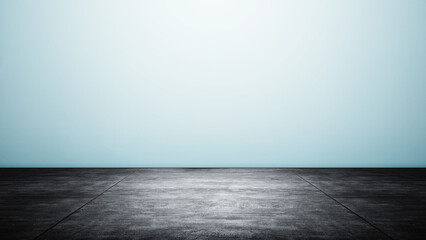 Interior of a modern and minimalist studio with a blue wall and dark floor background. Mockup or copy space
