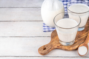 Homemade dairy Buttermilk Drink, Cultured buttermilk with low-calorie, calcium, vitamin and protein rich beverage, copy space