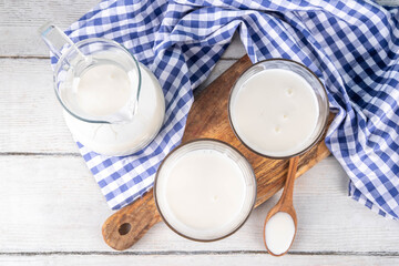 Homemade dairy Buttermilk Drink, Cultured buttermilk with low-calorie, calcium, vitamin and protein rich beverage, copy space