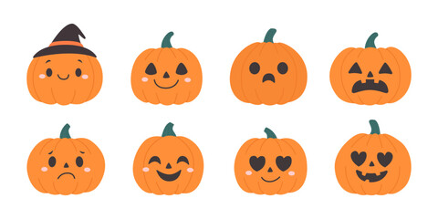Collection of Halloween Pumpkins with Funny and Expressive Faces, Featuring Playful Style and Various Emotions for Autumn Decor, Seasonal Designs, Stickers, and Festive Invitations