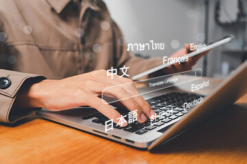 translation search concept. Person touch virtual search bar with translate word for translation of...