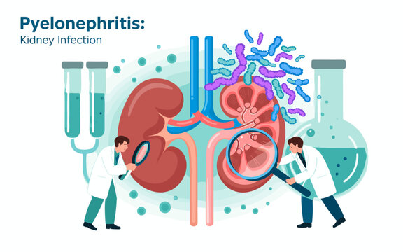Pyelonephritis Illustration: Examining Kidney Infection and Disease with Medical Professionals, Laboratory Equipment, and Bacteria for Healthcare, Science, and Medical Education Concepts