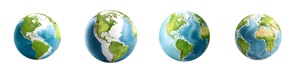Four Earth Globes with Continents Isolated on White Background