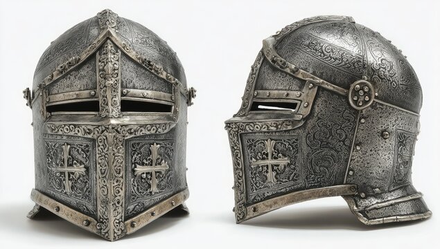 Two antique-style knight helmets