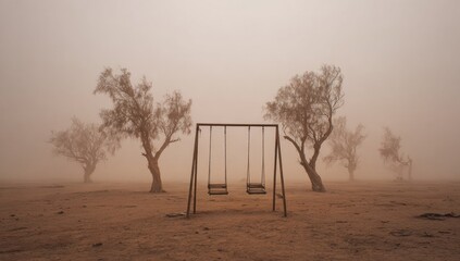 Empty swings in a hazy desert landscape