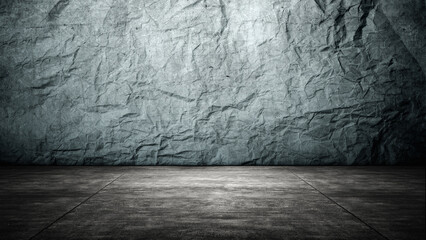 Interior of a modern and minimalist studio with a grungy wall and dark floor background. Mockup or copy space