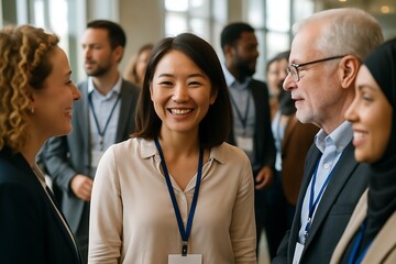 Obraz premium professional networking, business event, diverse group, smiling professionals, team collaboration, conference, networking session, team bonding