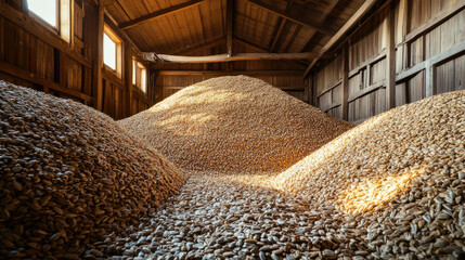 Wooden barn holding massive piles of golden sunflower seeds, representing bountiful agricultural harvest and rural farming productivity