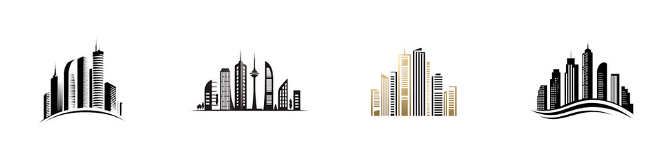 Obraz premium Collection of Illustrated City Skyline Silhouettes, Modern Urban Landscapes with Skyscrapers, Architecture Icons on White Background, Simple Graphic