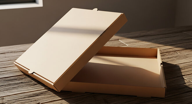 An open, empty cardboard pizza box sits on a wooden surface, illuminated by natural light from a window.