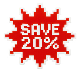 Fototapeta premium Red burst sticker with SAVE 20% offer in pixelated lettering, vibrant retail discount promo on transparent background.