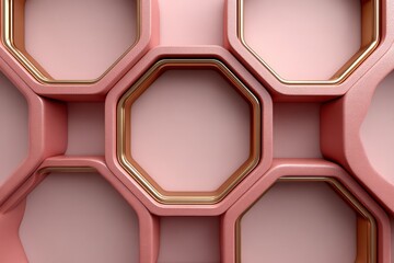 Pink geometric honeycomb structure with gold accents, luxurious texture, abstract background with copy space