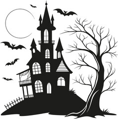Small Crooked Haunted Castle Silhouette with Moon and Bats - Spooky Halloween Gothic Tower Vector Illustration for Horror Design and Seasonal Halloween Decorations