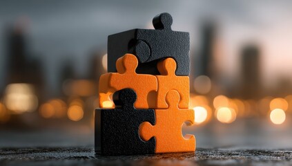 Stacked puzzle pieces against a blurred city skyline