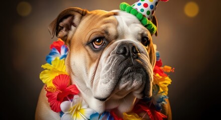 A bulldog wearing a party hat and lei (1)