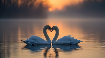 Fototapeta premium Two swans facing each other on water, necks in S-shape, heads touching to form heart shape, calm lake at sunrise with shimmering reflections in background