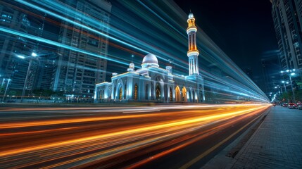 Fototapeta premium Mosque cityscape nighttime light trails