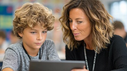 Teacher and Student Engaged in Learning Together with a Tablet in Classroom Setting - Powered by Adobe