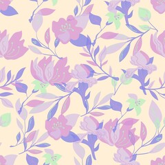 Floral seamless repeat, pastel flowers on beige