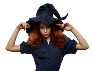 Witch in Dark Hat with Intense Expression on Transparent Background