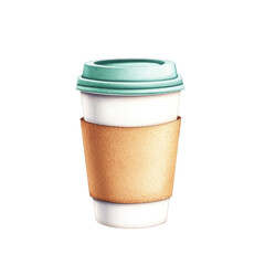 Stylish coffee cup with a teal lid and brown sleeve