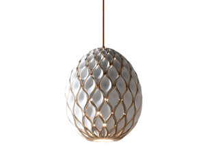 Elegant white and gold pendant lamp with intricate design hanging from a cord