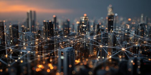 Fototapeta premium Modern urban skyline with digital connections and technology symbols representing networking and innovation