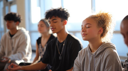 Teenagers meditating together in a bright classroom wellness program
